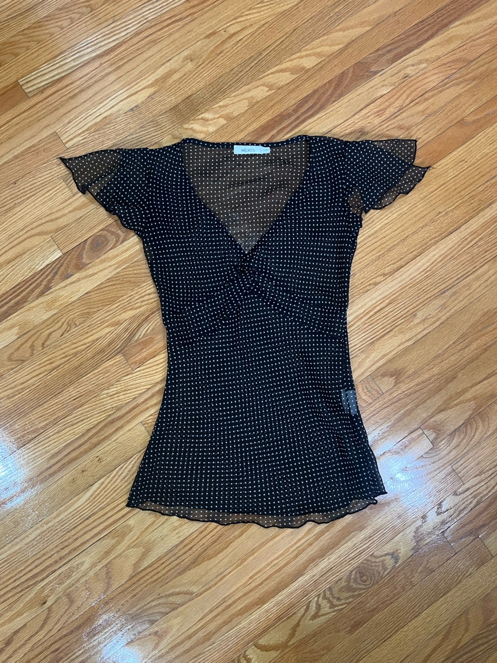 Y2k Black Polka Dot V-Neck Short Flutter Sleeve Top